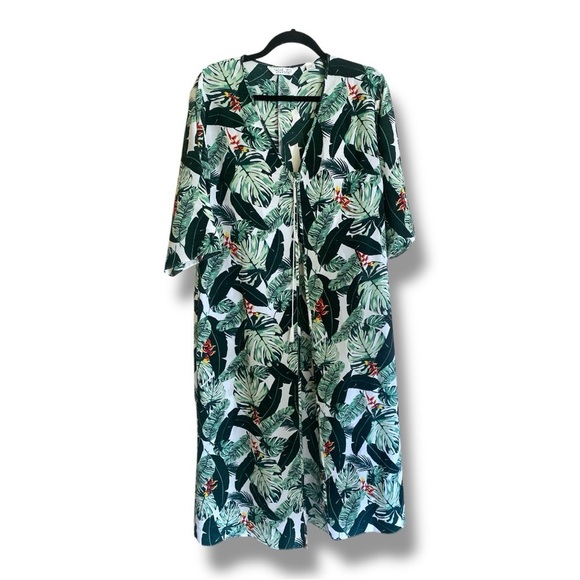 RACHEL ZOE Tropical Leaf Print Kimono Midi Length One Size Beach Cover Layer - Picture 3 of 11